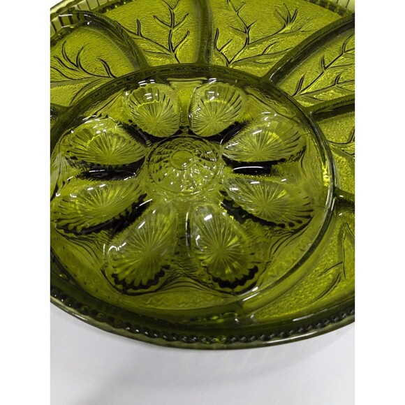 Vintage MCM Indiana Glass Tree of Life Green Deviled Egg & Relish Platter 13” - Picture 5 of 9